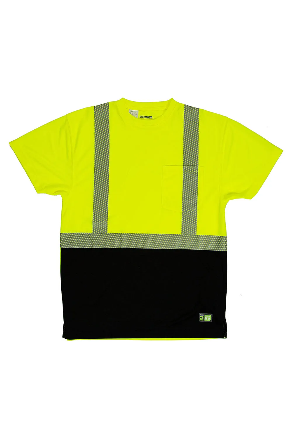 Berne Mens Hi-Vis Class 2 Color Blocked Moisture Wicking Short Sleeve Crewneck T-Shirt w/ Pocket - High Vis Yellow