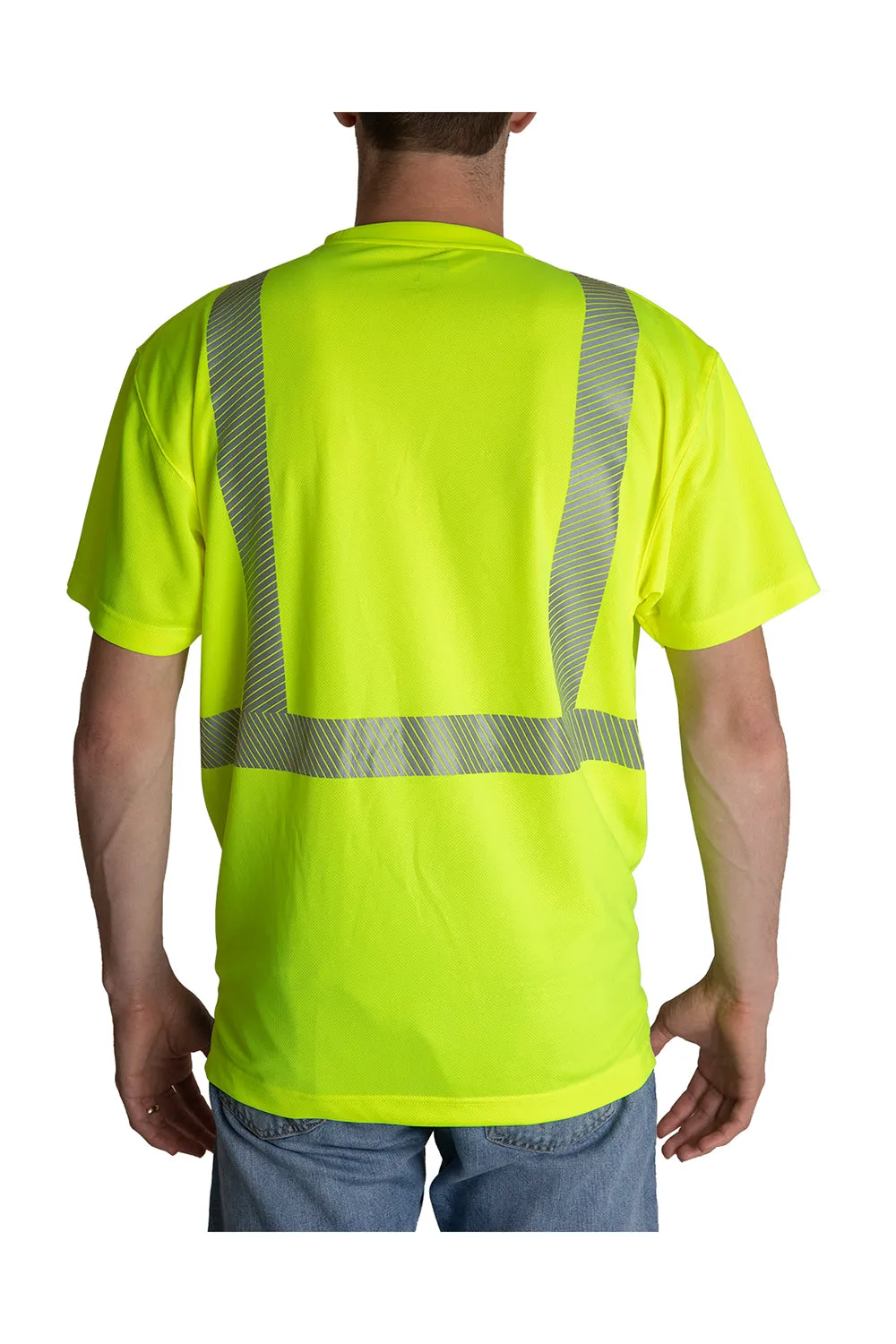 Berne Mens Hi-Vis Class 2 Color Blocked Moisture Wicking Short Sleeve Crewneck T-Shirt w/ Pocket - High Vis Yellow