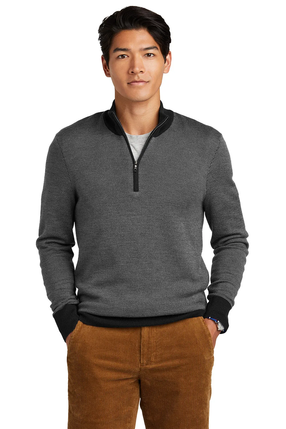 Brooks Brothers Mens Merino Birdseye Long Sleeve 1/4 Zip Sweater - Deep Black/Shadow Grey