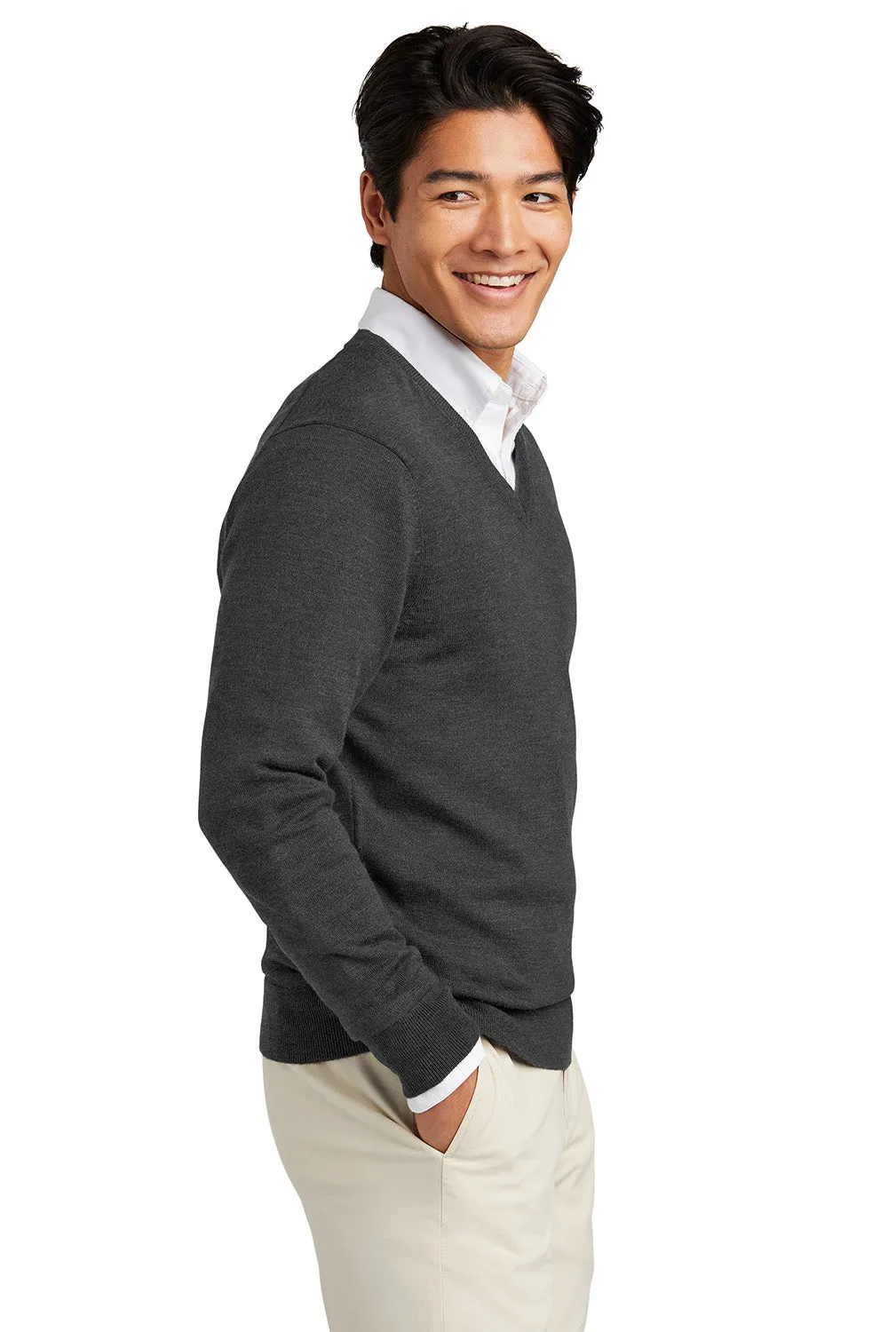 Brooks Brothers Mens Merino Long Sleeve V-Neck Sweater - Heather Windsor Grey
