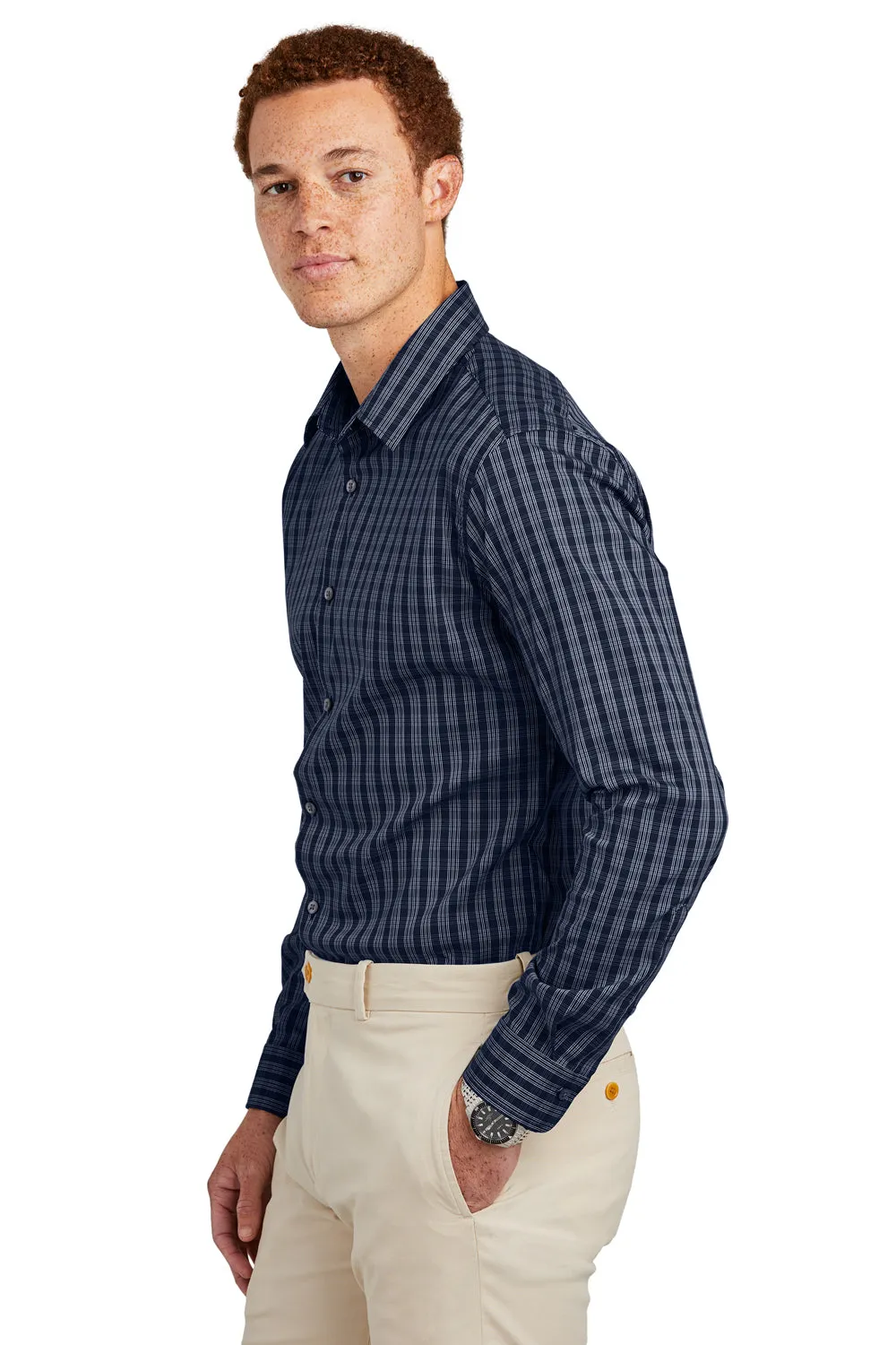 Brooks Brothers Mens Tech Stretch Long Sleeve Button Down Shirt - Navy Blue/White