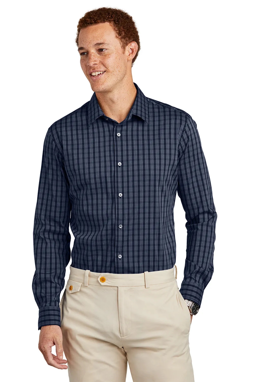 Brooks Brothers Mens Tech Stretch Long Sleeve Button Down Shirt - Navy Blue/White