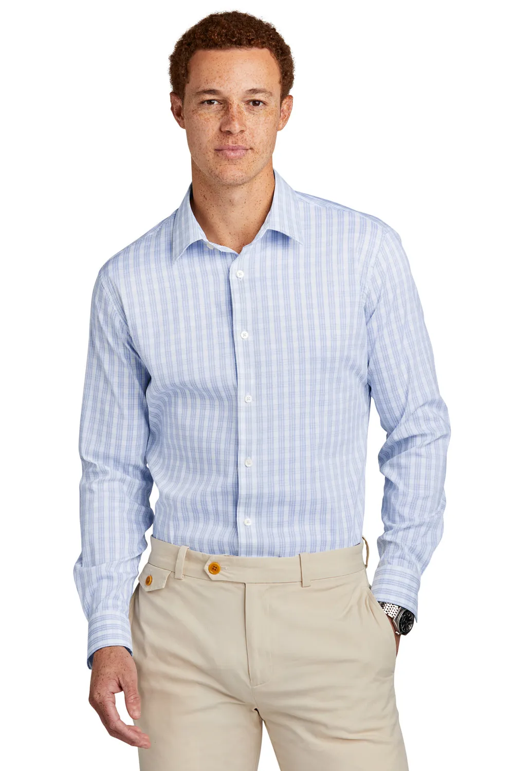 Brooks Brothers Mens Tech Stretch Long Sleeve Button Down Shirt - White/Newport Blue