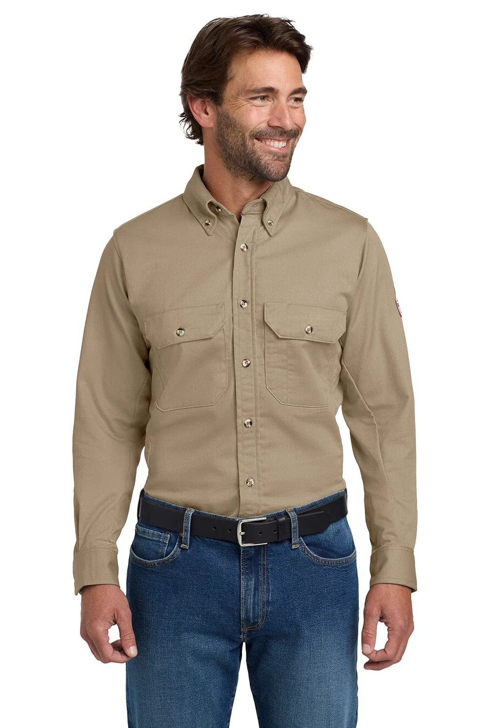 Bulwark Mens EXCEL FR ComforTouch Long Sleeve Button Down Shirt w/ Double Pockets - Khaki Brown