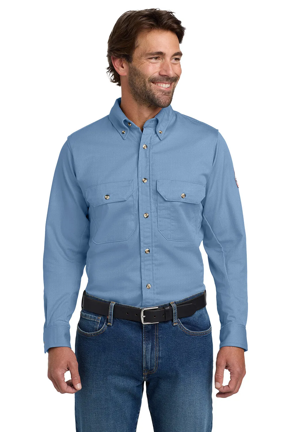 Bulwark Mens EXCEL FR ComforTouch Long Sleeve Button Down Shirt w/ Double Pockets - Light Blue