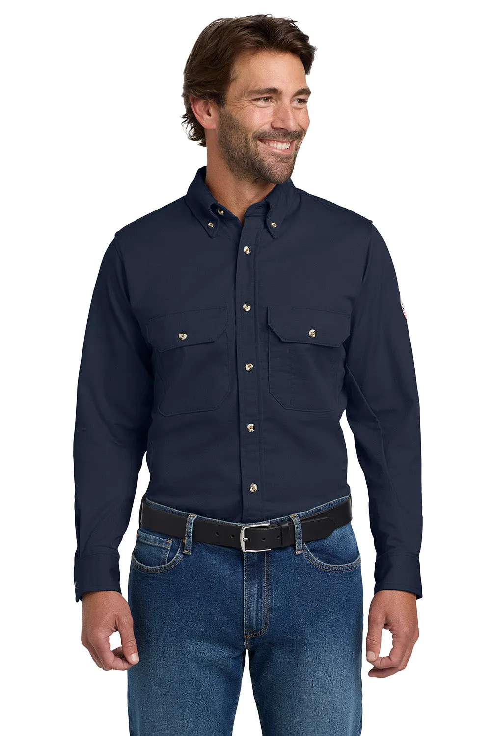 Bulwark Mens EXCEL FR ComforTouch Long Sleeve Button Down Shirt w/ Double Pockets - Navy Blue