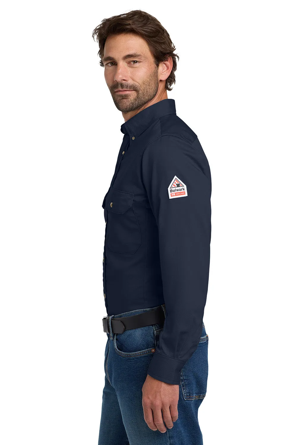 Bulwark Mens EXCEL FR ComforTouch Long Sleeve Button Down Shirt w/ Double Pockets - Navy Blue