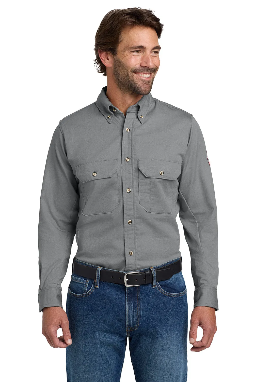 Bulwark Mens EXCEL FR ComforTouch Long Sleeve Button Down Shirt w/ Double Pockets - Silver Grey