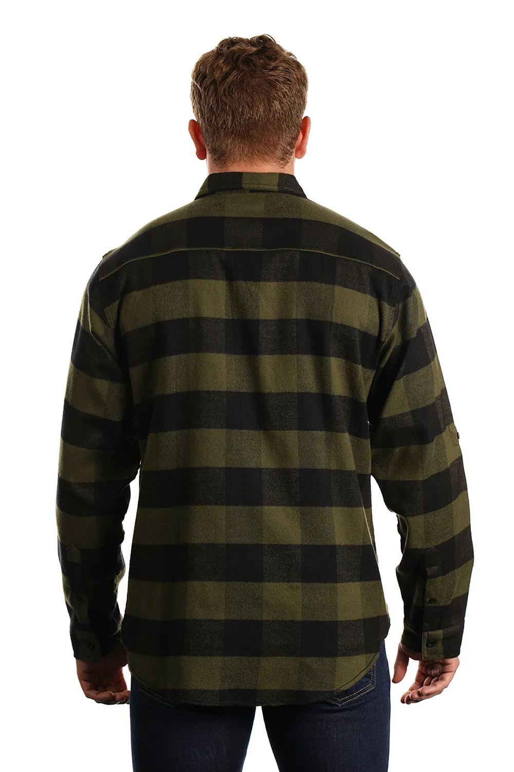 Burnside Mens Flannel Long Sleeve Button Down Shirt w/ Double Pockets - Army Green/Black