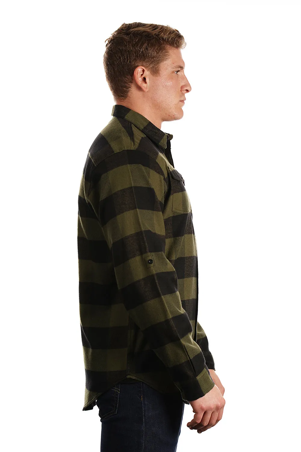Burnside Mens Flannel Long Sleeve Button Down Shirt w/ Double Pockets - Army Green/Black