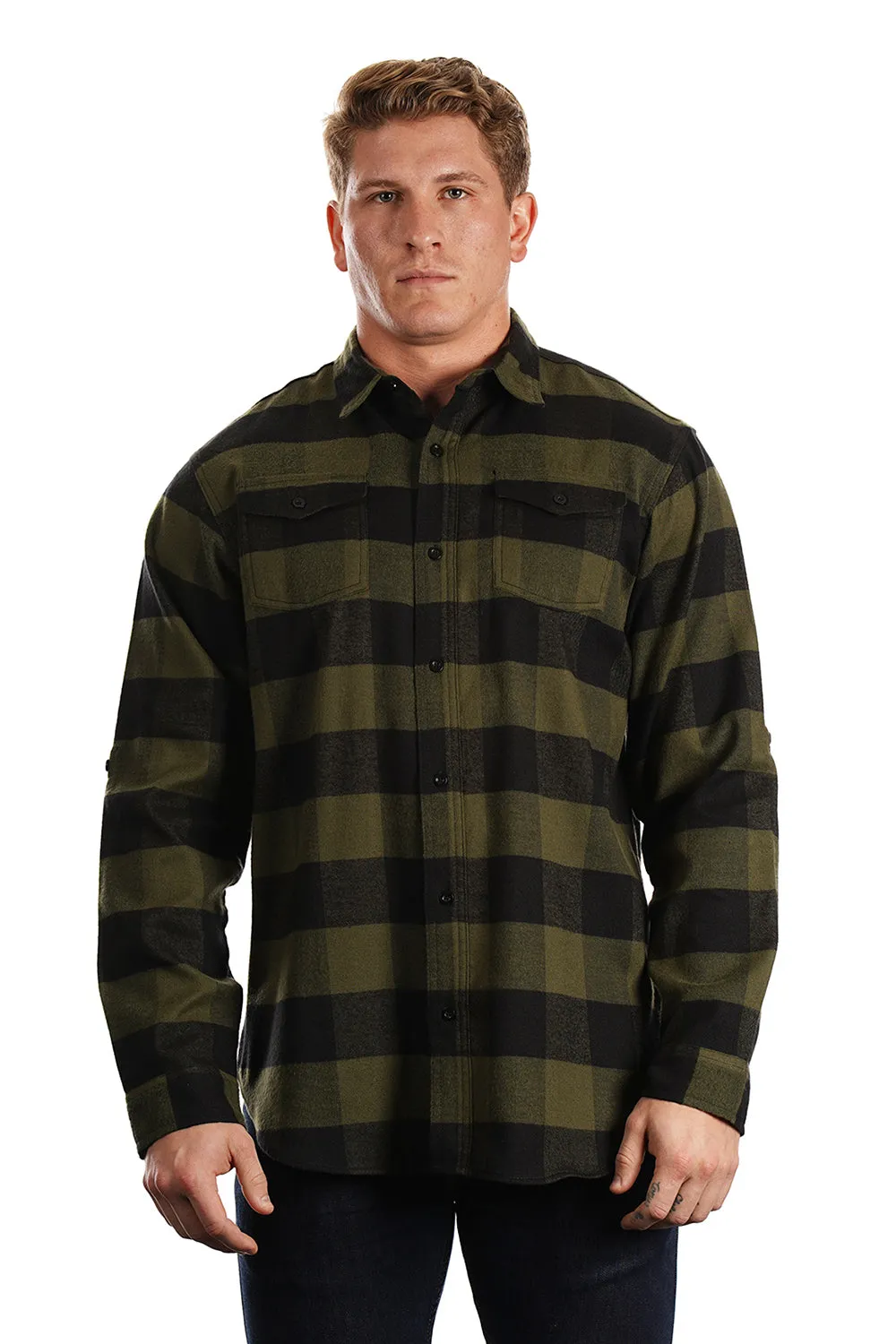 Burnside Mens Flannel Long Sleeve Button Down Shirt w/ Double Pockets - Army Green/Black