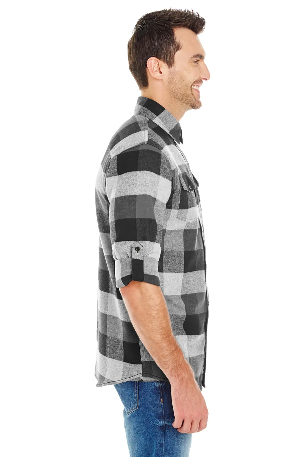 Burnside Mens Flannel Long Sleeve Button Down Shirt w/ Double Pockets - Black/Grey