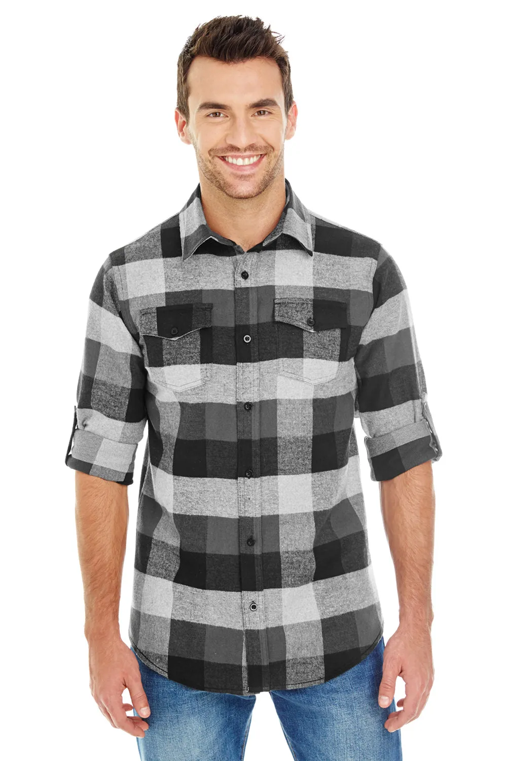 Burnside Mens Flannel Long Sleeve Button Down Shirt w/ Double Pockets - Black/Grey