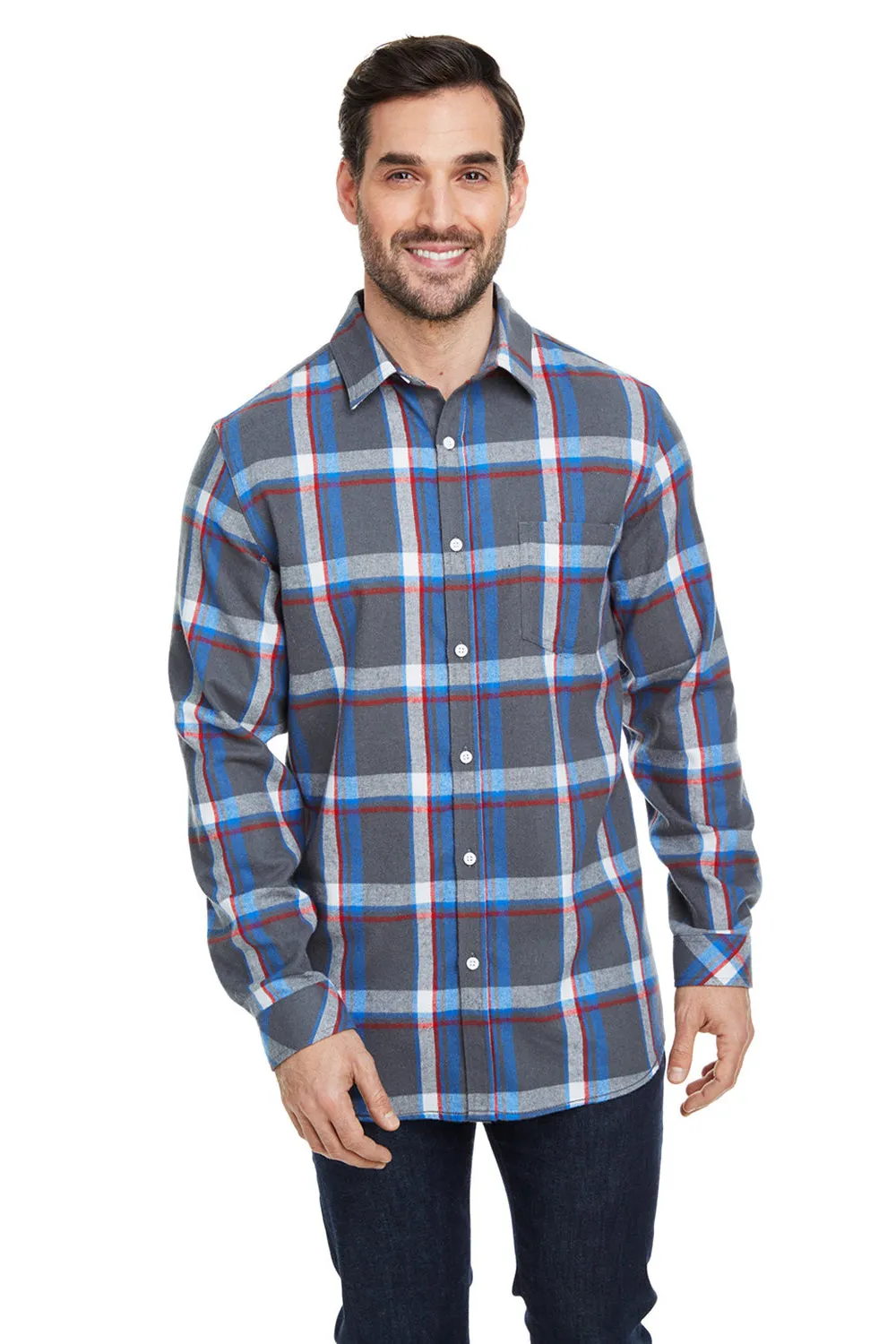Burnside Mens Flannel Long Sleeve Button Down Shirt w/ Pocket - Steel/White