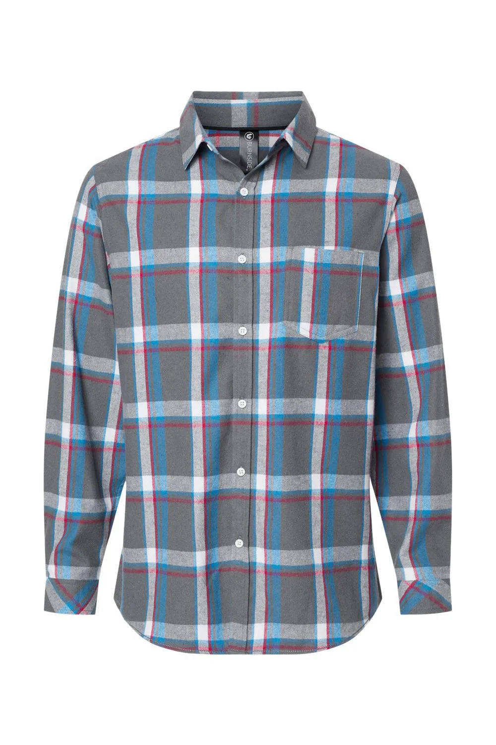 Burnside Mens Flannel Long Sleeve Button Down Shirt w/ Pocket - Steel/White