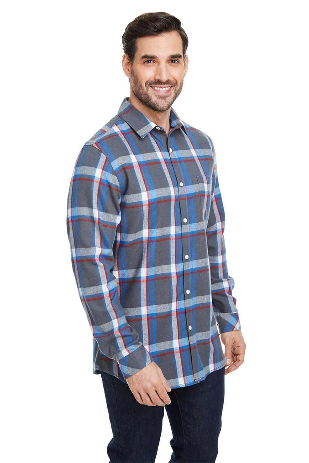Burnside Mens Flannel Long Sleeve Button Down Shirt w/ Pocket - Steel/White