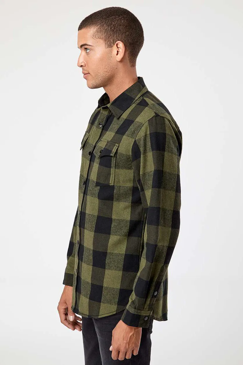 Burnside Mens Plaid Flannel Long Sleeve Snap Down Shirt w/ Double Pockets - Army Green/Black