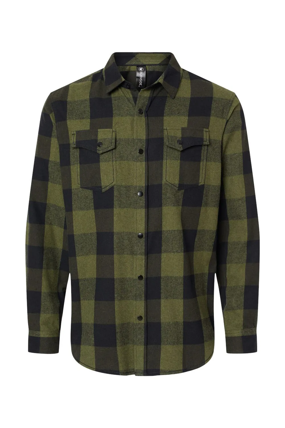 Burnside Mens Plaid Flannel Long Sleeve Snap Down Shirt w/ Double Pockets - Army Green/Black