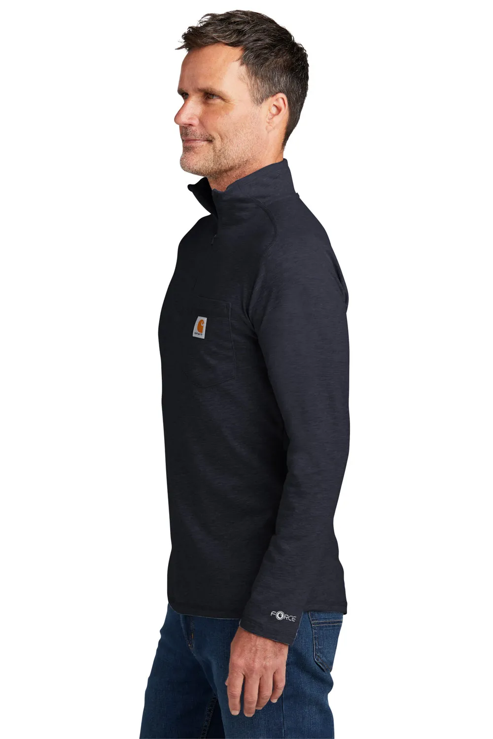 Carhartt Mens Force Moisture Wicking 1/4 Zip Long Sleeve T-Shirt w/ Pocket - Navy Blue