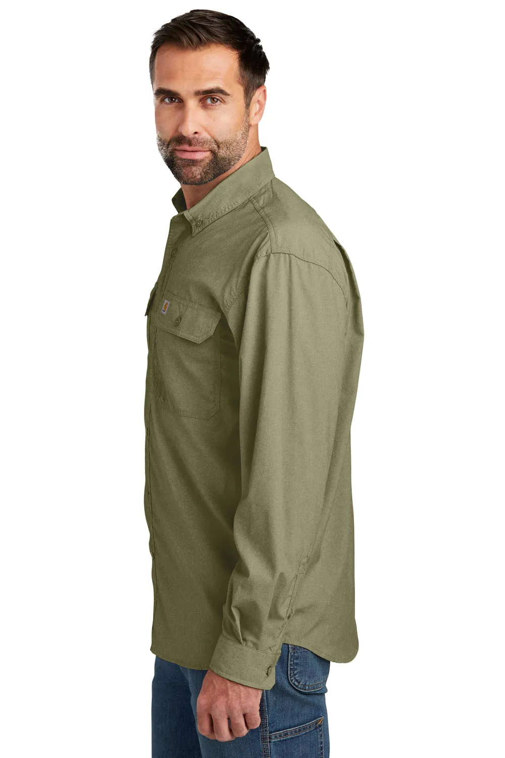 Carhartt Mens Force Moisture Wicking Long Sleeve Button Down Shirt w/ Double Pockets - Burnt Olive Green