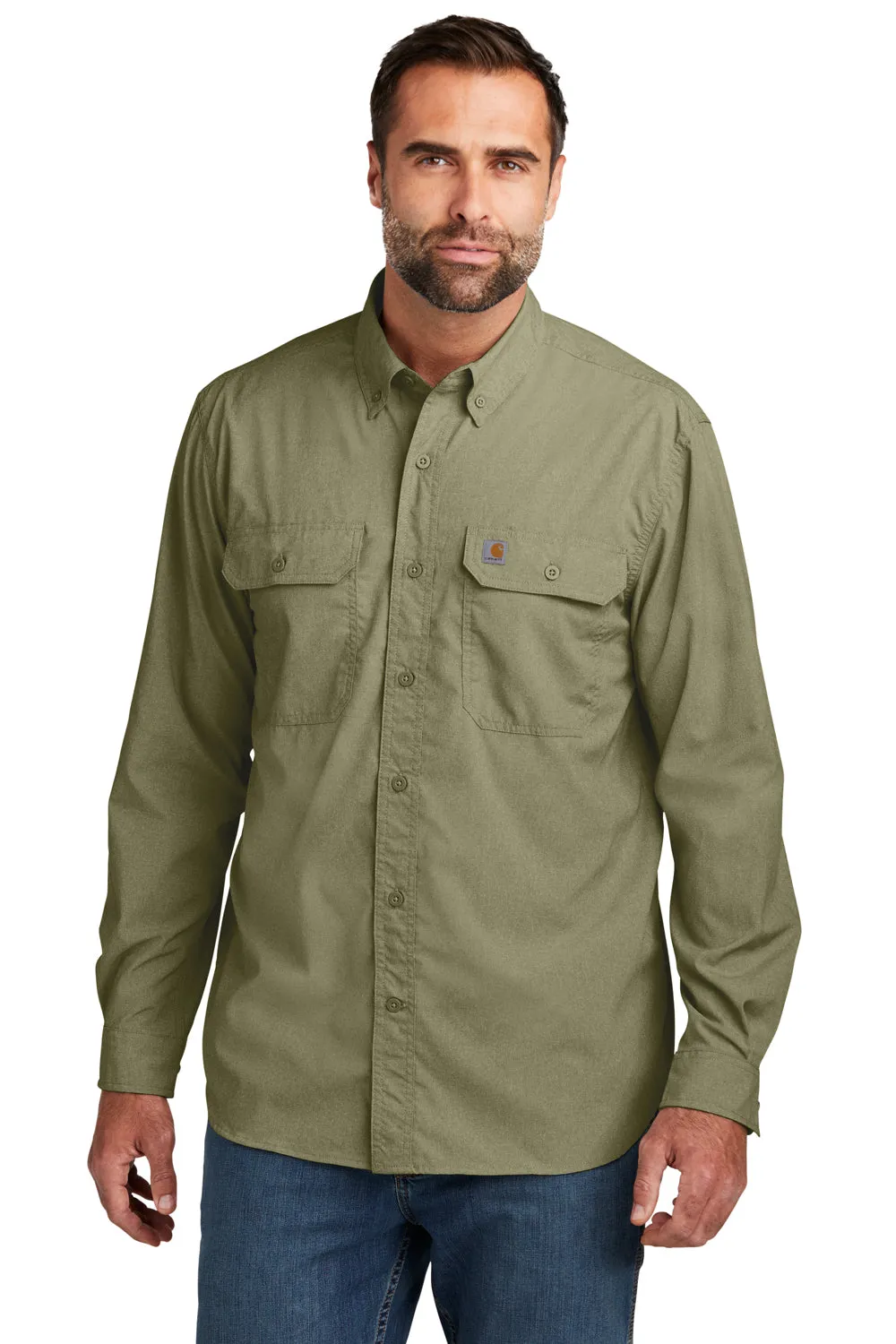 Carhartt Mens Force Moisture Wicking Long Sleeve Button Down Shirt w/ Double Pockets - Burnt Olive Green