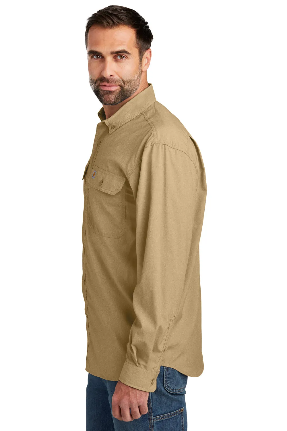 Carhartt Mens Force Moisture Wicking Long Sleeve Button Down Shirt w/ Double Pockets - Dark Khaki Brown