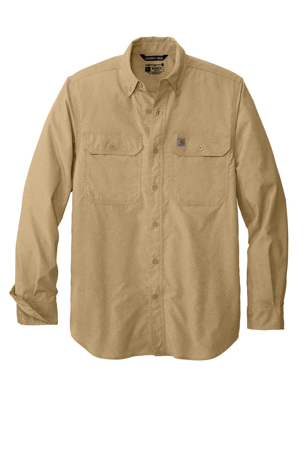 Carhartt Mens Force Moisture Wicking Long Sleeve Button Down Shirt w/ Double Pockets - Dark Khaki Brown