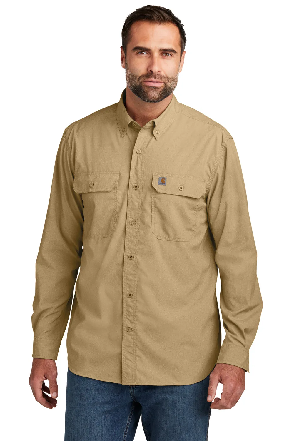 Carhartt Mens Force Moisture Wicking Long Sleeve Button Down Shirt w/ Double Pockets - Dark Khaki Brown