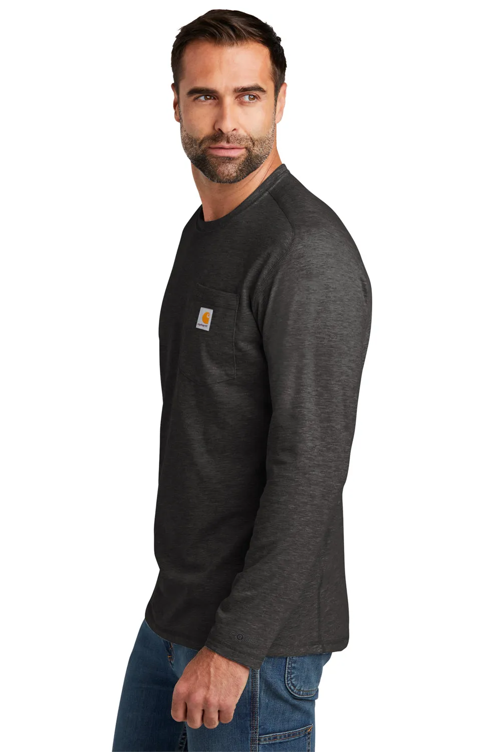 Carhartt Mens Force Moisture Wicking Long Sleeve Crewneck T-Shirt w/ Pocket - Heather Carbon Grey