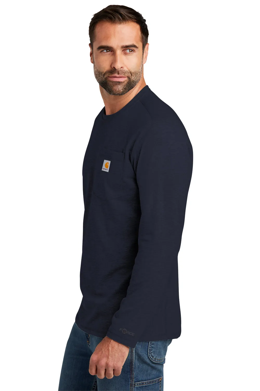 Carhartt Mens Force Moisture Wicking Long Sleeve Crewneck T-Shirt w/ Pocket - Navy Blue