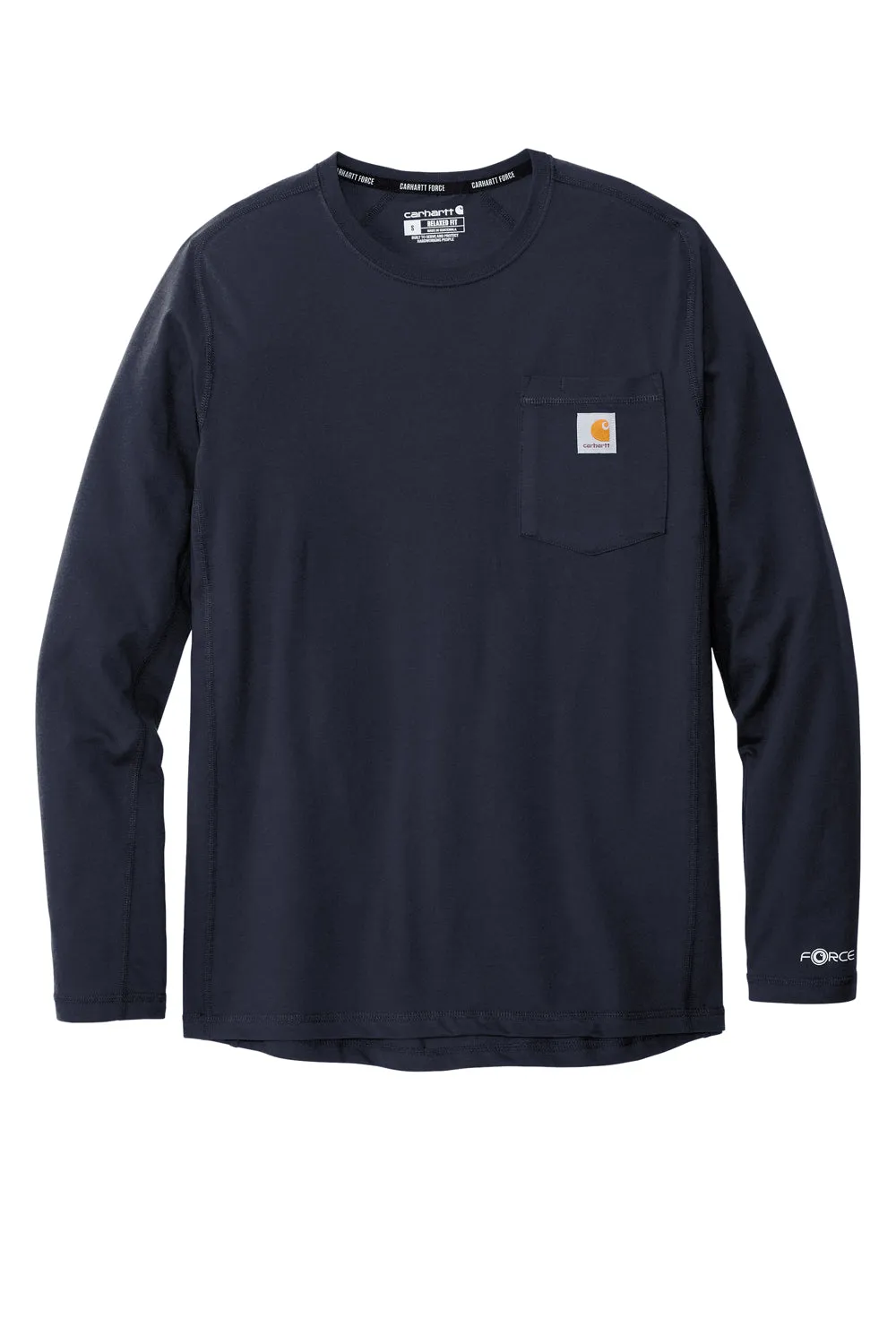 Carhartt Mens Force Moisture Wicking Long Sleeve Crewneck T-Shirt w/ Pocket - Navy Blue