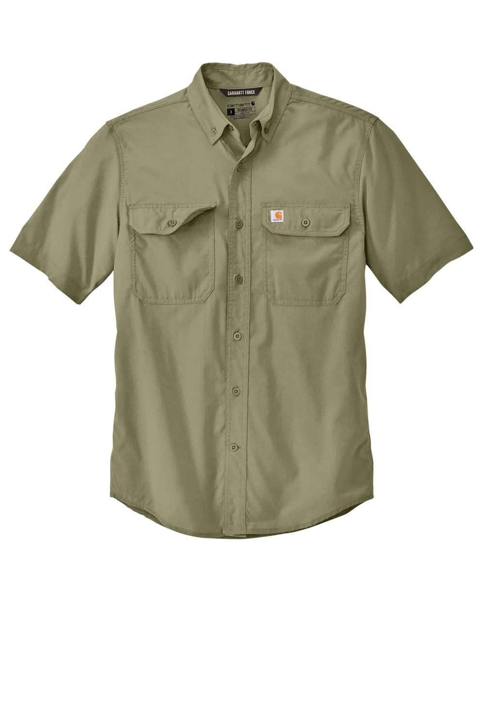 Carhartt Mens Force Moisture Wicking Short Sleeve Button Down Shirt w/ Double Pockets - Burnt Olive Green