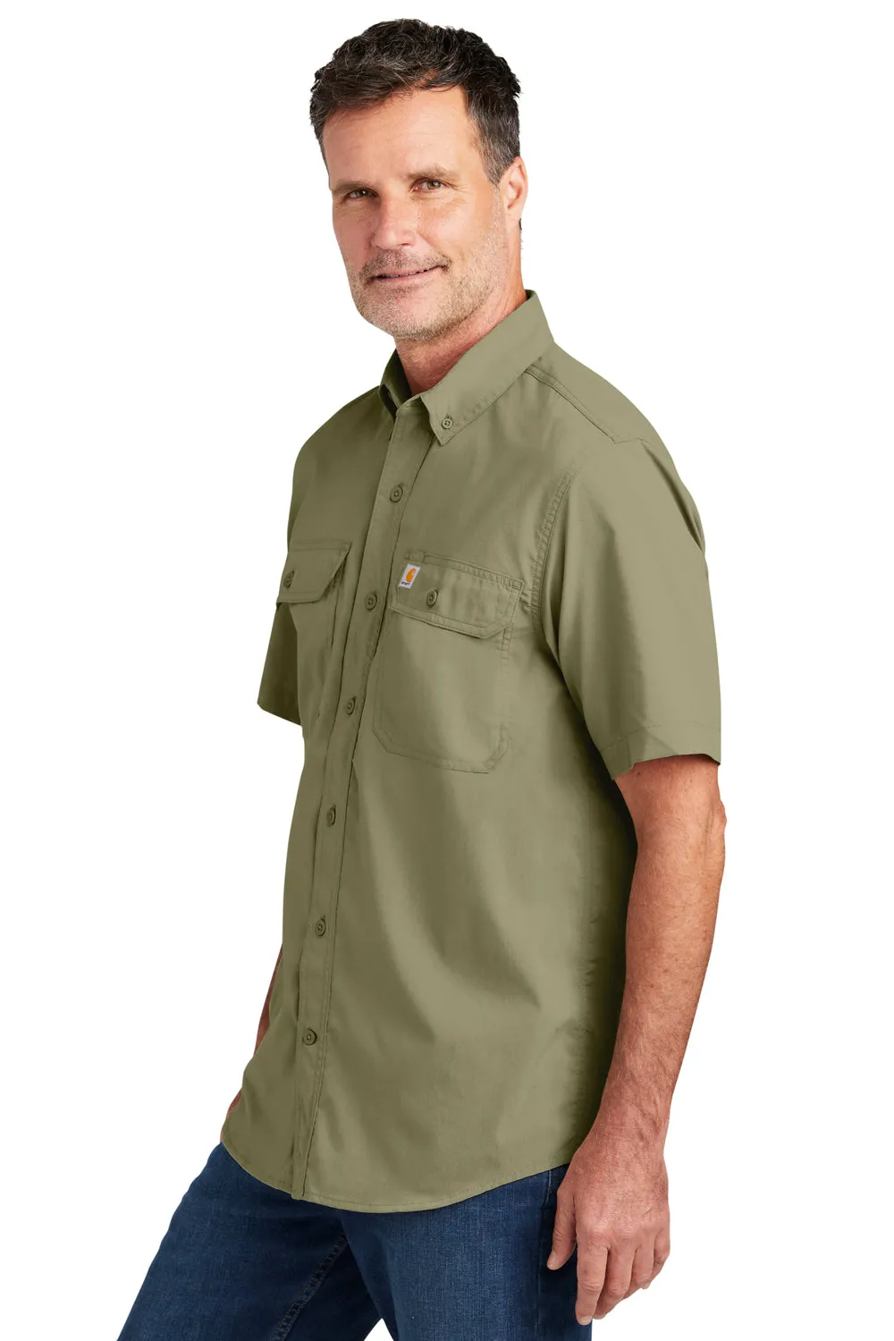 Carhartt Mens Force Moisture Wicking Short Sleeve Button Down Shirt w/ Double Pockets - Burnt Olive Green