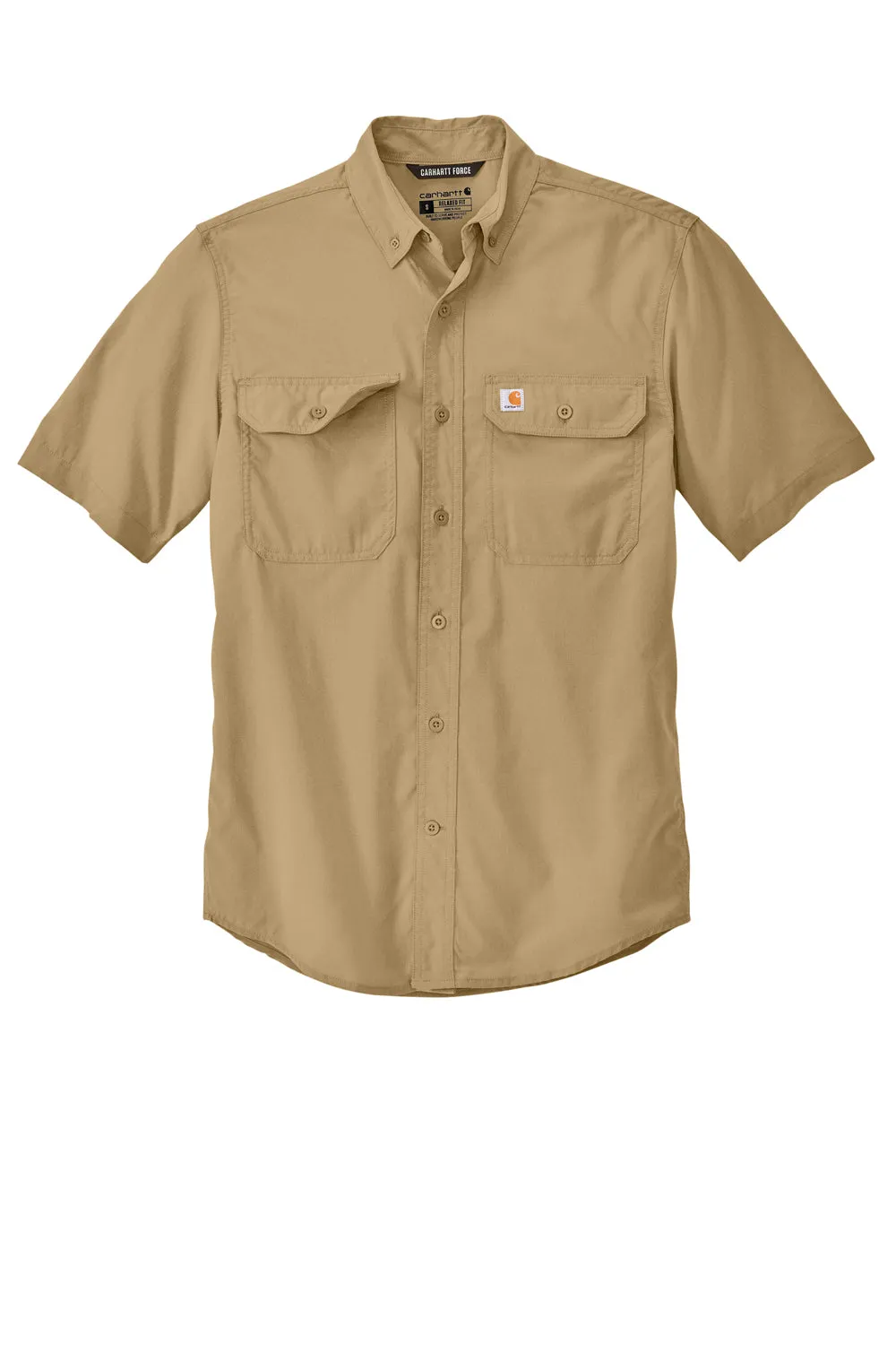 Carhartt Mens Force Moisture Wicking Short Sleeve Button Down Shirt w/ Double Pockets - Dark Khaki Brown