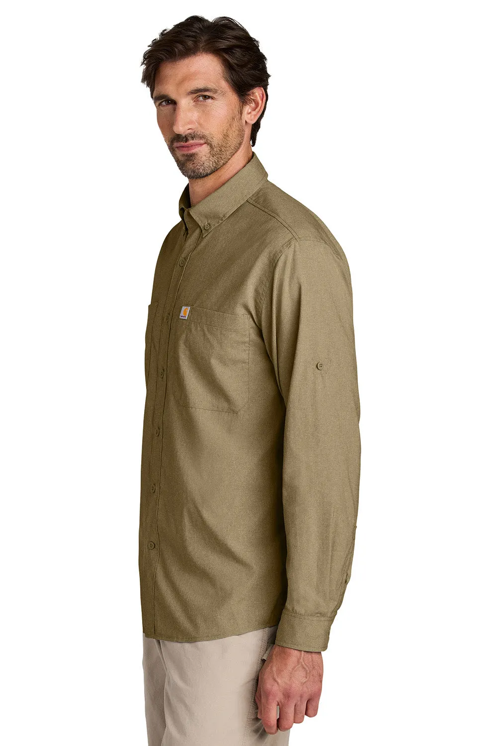 Carhartt Mens Force Sun Defender Moisture Wicking Long Sleeve Button Down Shirt w/ Double Pockets - Dark Khaki Brown