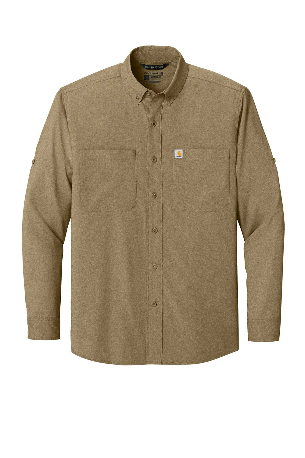 Carhartt Mens Force Sun Defender Moisture Wicking Long Sleeve Button Down Shirt w/ Double Pockets - Dark Khaki Brown