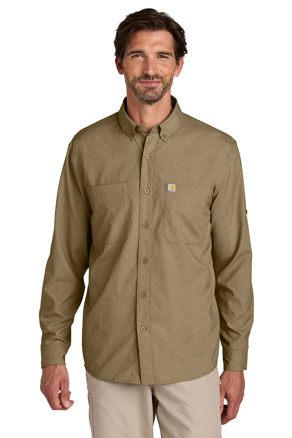Carhartt Mens Force Sun Defender Moisture Wicking Long Sleeve Button Down Shirt w/ Double Pockets - Dark Khaki Brown