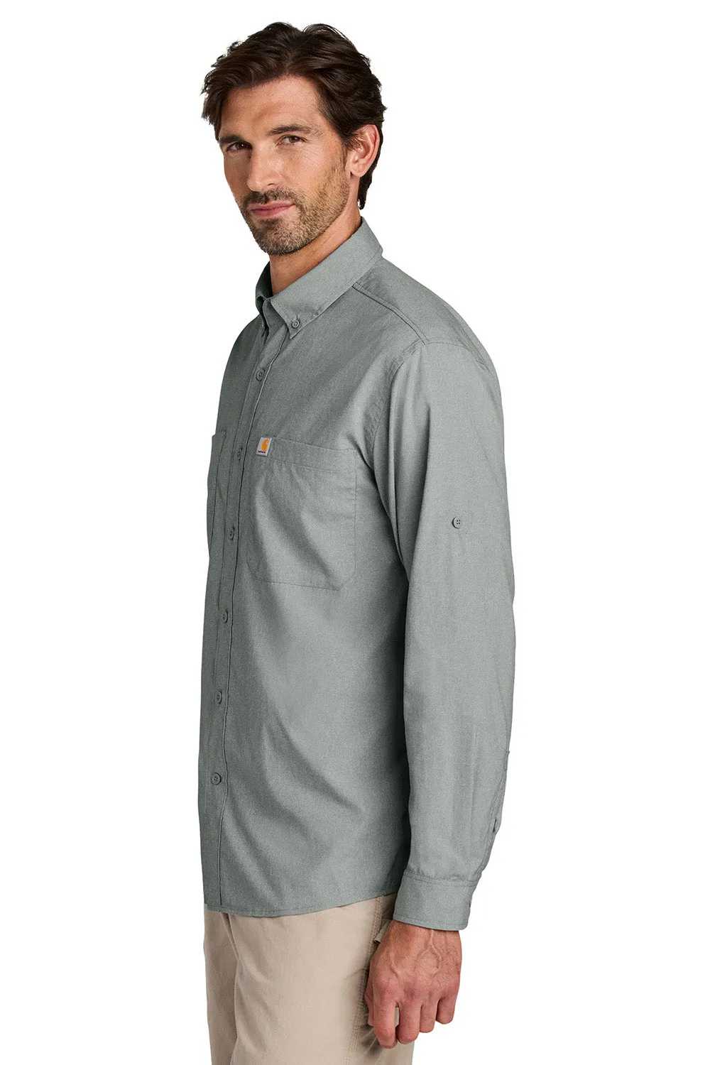 Carhartt Mens Force Sun Defender Moisture Wicking Long Sleeve Button Down Shirt w/ Double Pockets - Steel Grey
