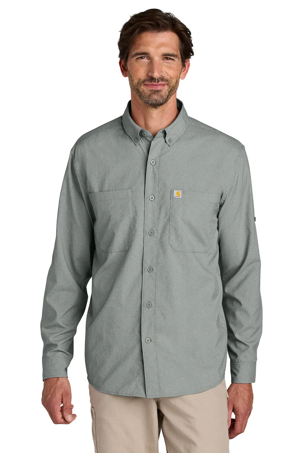 Carhartt Mens Force Sun Defender Moisture Wicking Long Sleeve Button Down Shirt w/ Double Pockets - Steel Grey