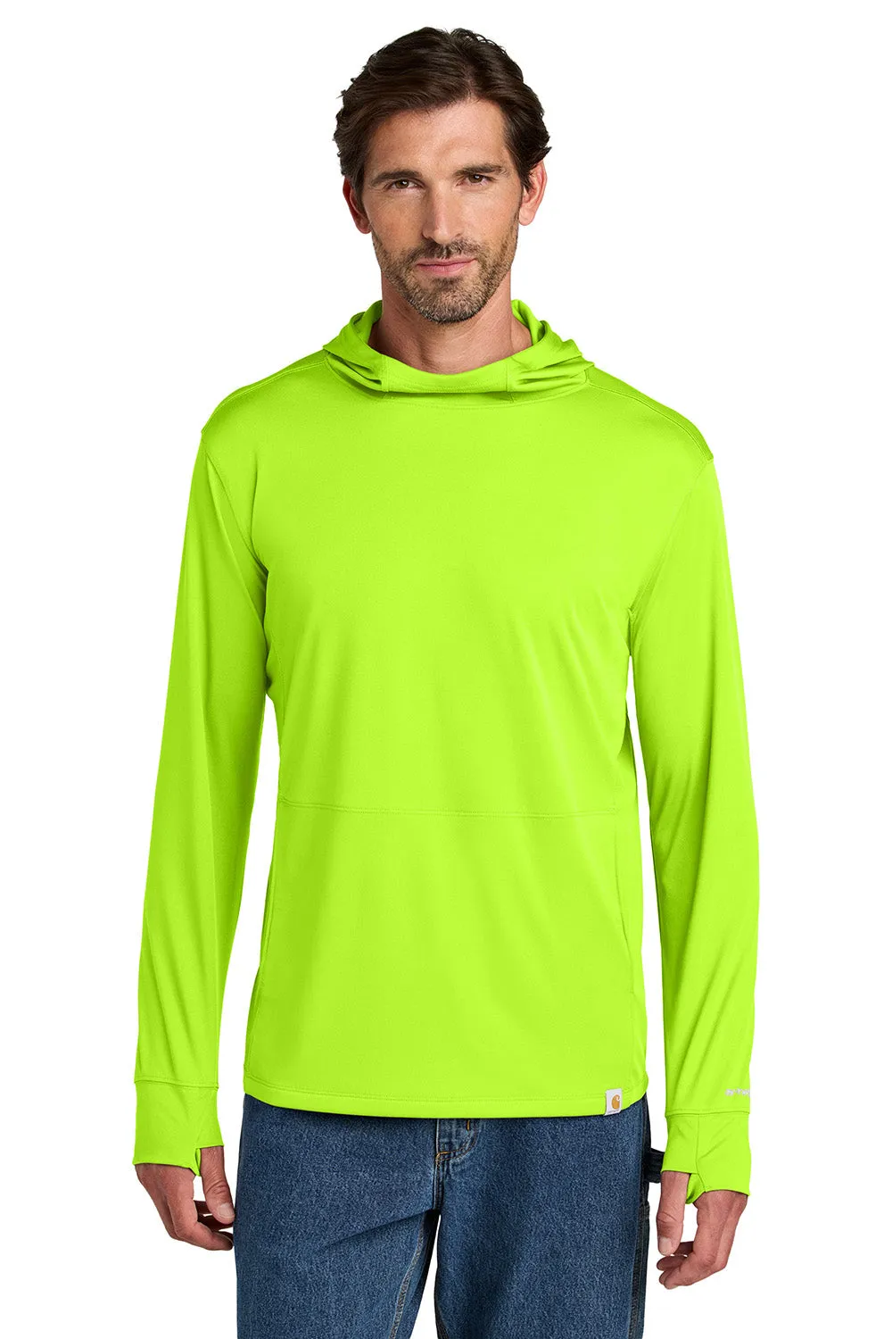 Carhartt Mens Force Sun Defender Moisture Wicking Long Sleeve Hooded T-Shirt Hoodie w/ Pouch Pocket - Brite Lime Green