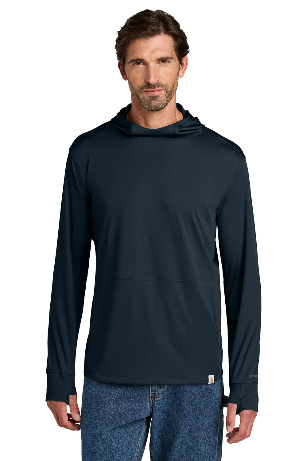 Carhartt Mens Force Sun Defender Moisture Wicking Long Sleeve Hooded T-Shirt Hoodie w/ Pouch Pocket - Navy Blue