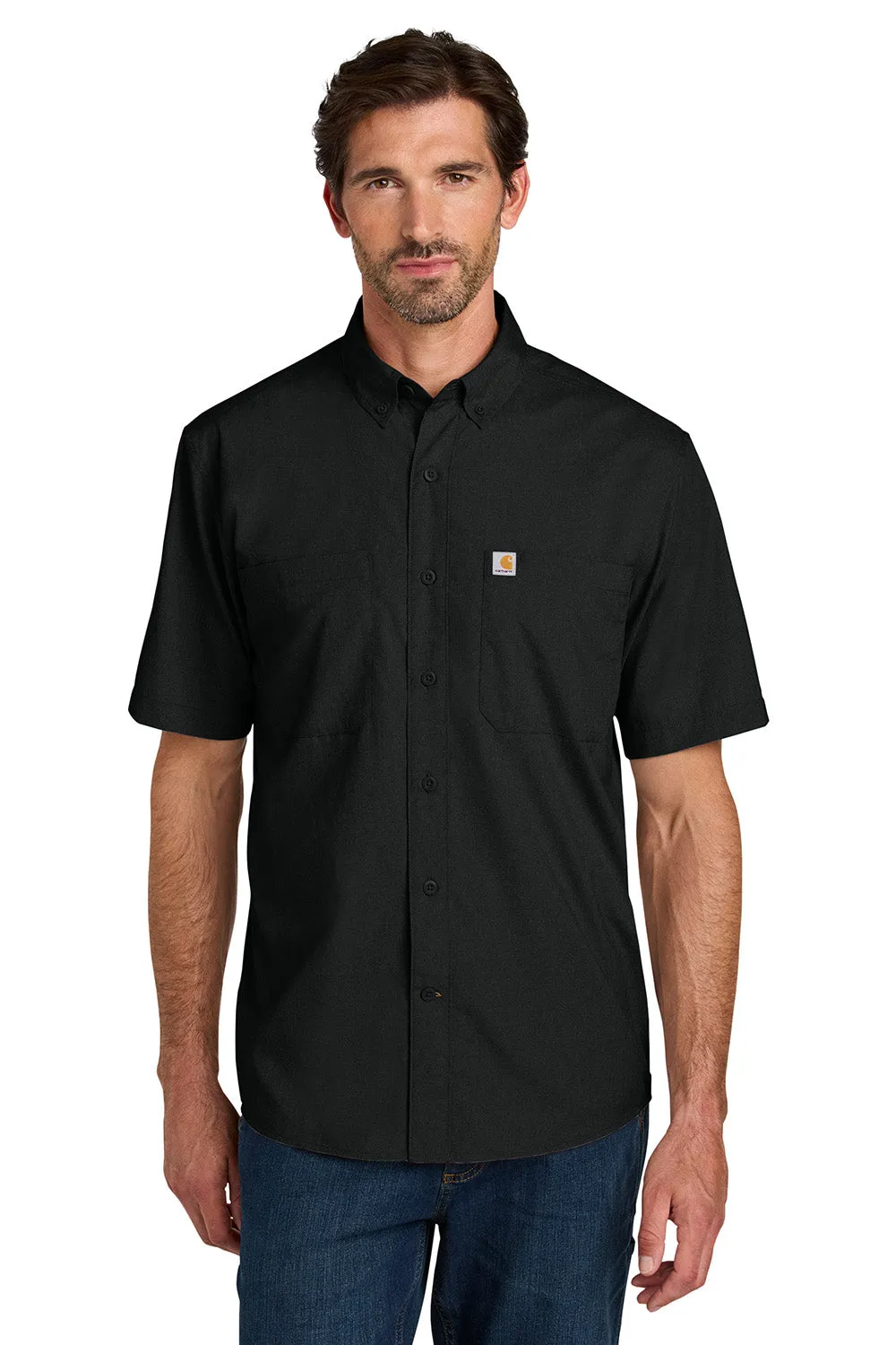 Carhartt Mens Force Sun Defender Moisture Wicking Short Sleeve Button Down Shirt w/ Double Pockets - Black