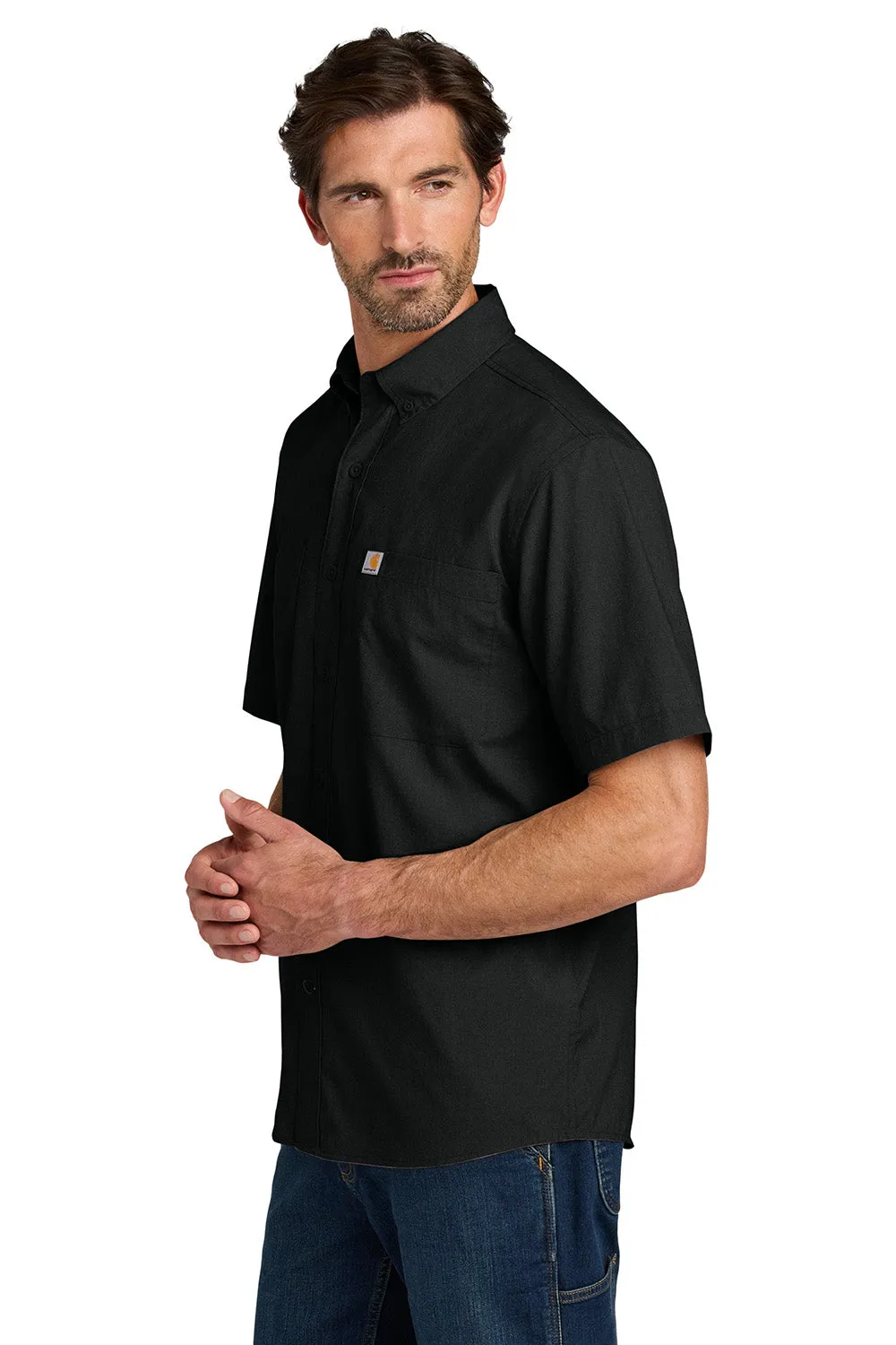 Carhartt Mens Force Sun Defender Moisture Wicking Short Sleeve Button Down Shirt w/ Double Pockets - Black