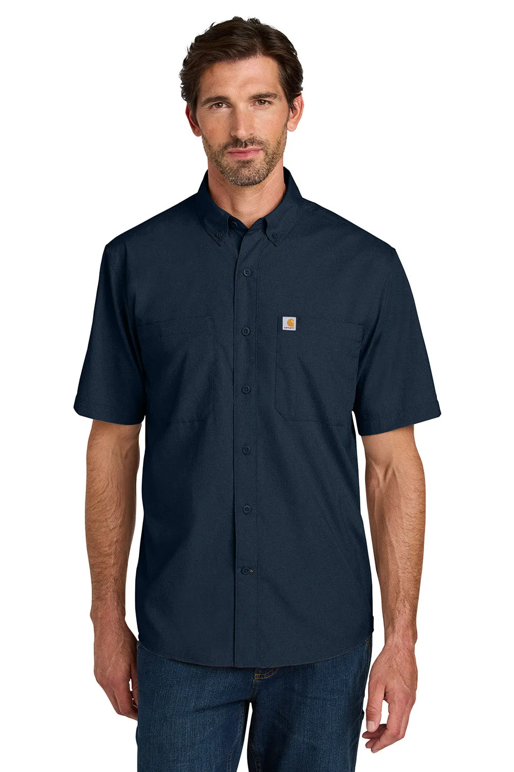 Carhartt Mens Force Sun Defender Moisture Wicking Short Sleeve Button Down Shirt w/ Double Pockets - Navy Blue