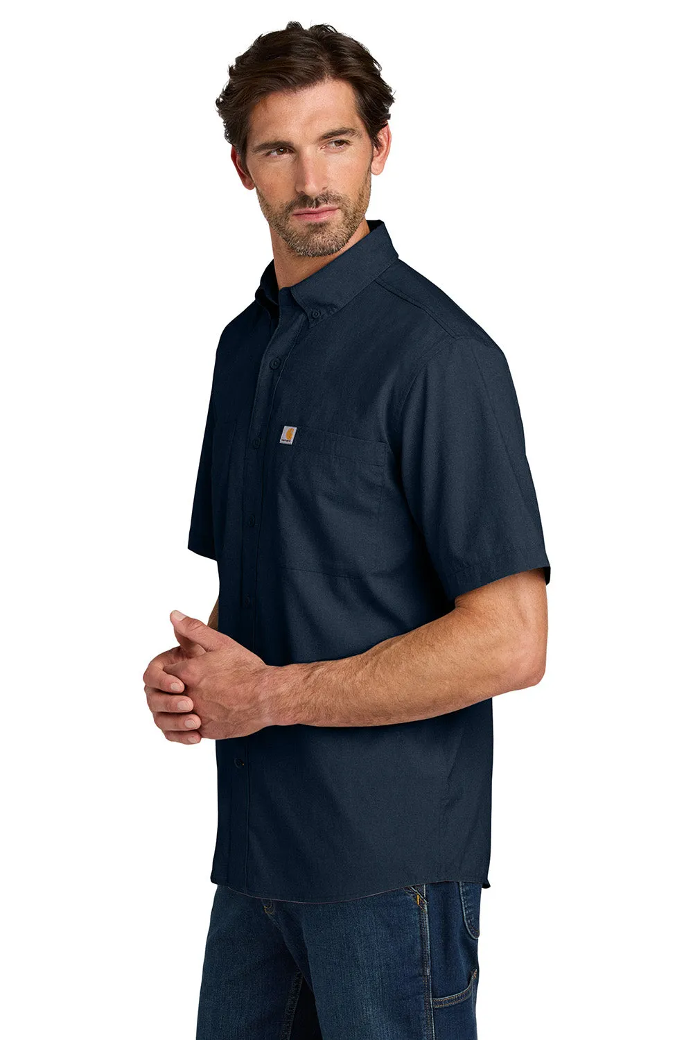 Carhartt Mens Force Sun Defender Moisture Wicking Short Sleeve Button Down Shirt w/ Double Pockets - Navy Blue