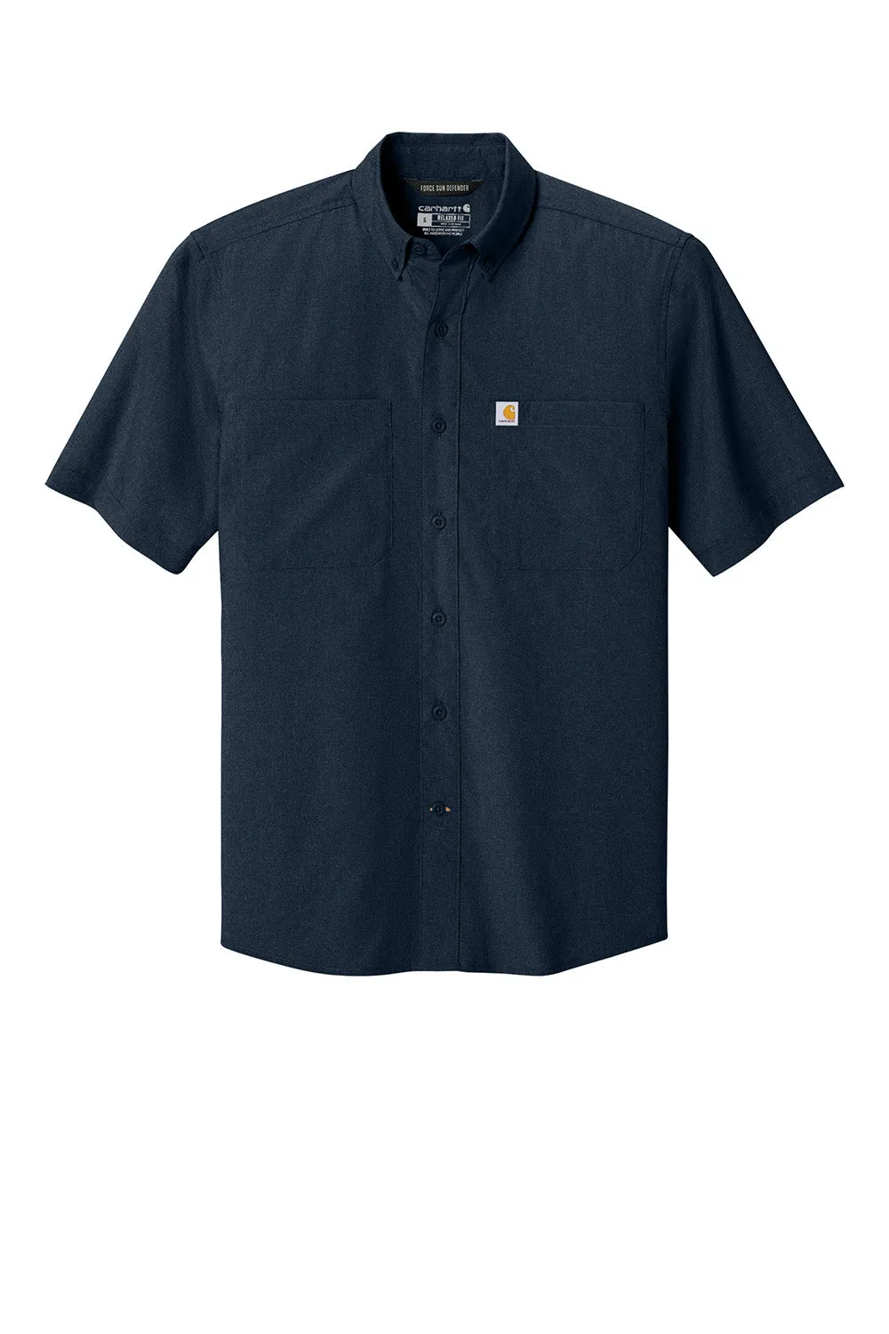 Carhartt Mens Force Sun Defender Moisture Wicking Short Sleeve Button Down Shirt w/ Double Pockets - Navy Blue