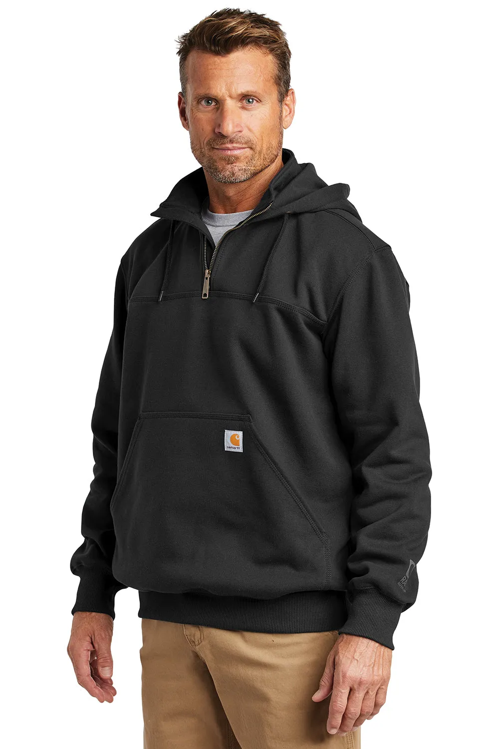 Carhartt Mens Paxton Rain Defender Water Resistant 1/4 Zip Hooded Sweatshirt Hoodie w/ Pouch Pocket - Black