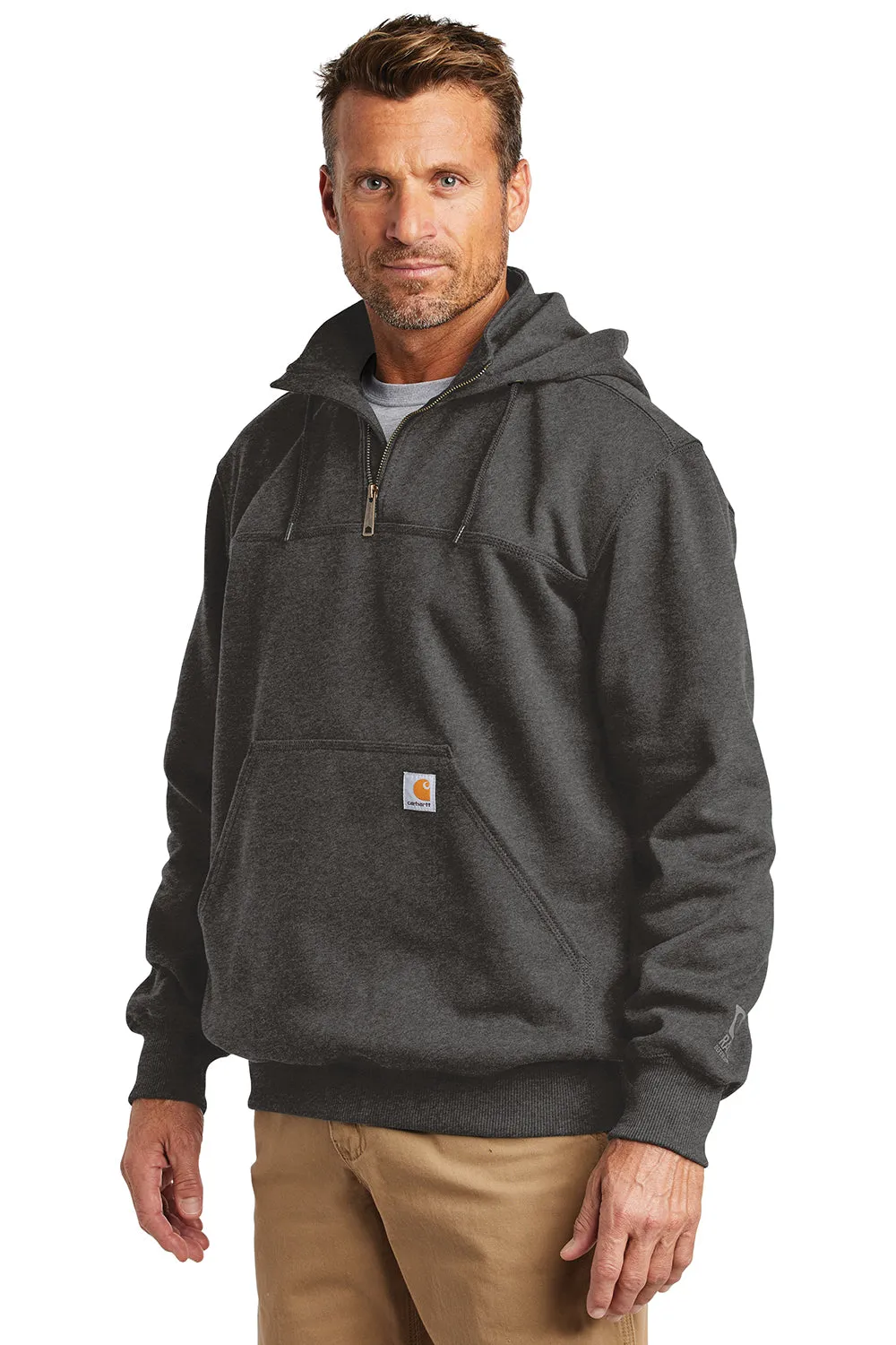 Carhartt Mens Paxton Rain Defender Water Resistant 1/4 Zip Hooded Sweatshirt Hoodie w/ Pouch Pocket - Heather Carbon Grey