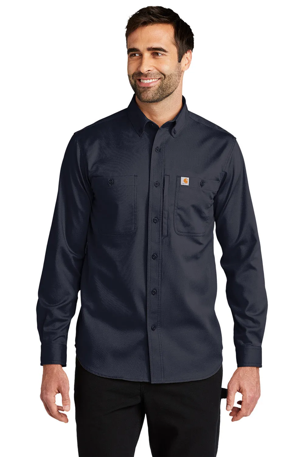 Carhartt Mens Rugged Professional Series Wrinkle Resistant Long Sleeve Button Down Shirt w/ Pocket - Navy Blue