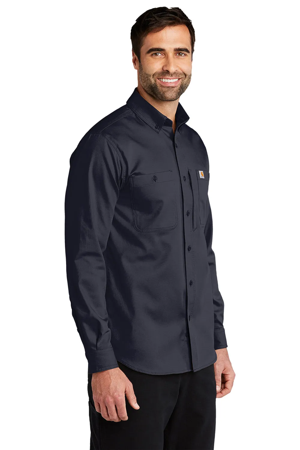 Carhartt Mens Rugged Professional Series Wrinkle Resistant Long Sleeve Button Down Shirt w/ Pocket - Navy Blue